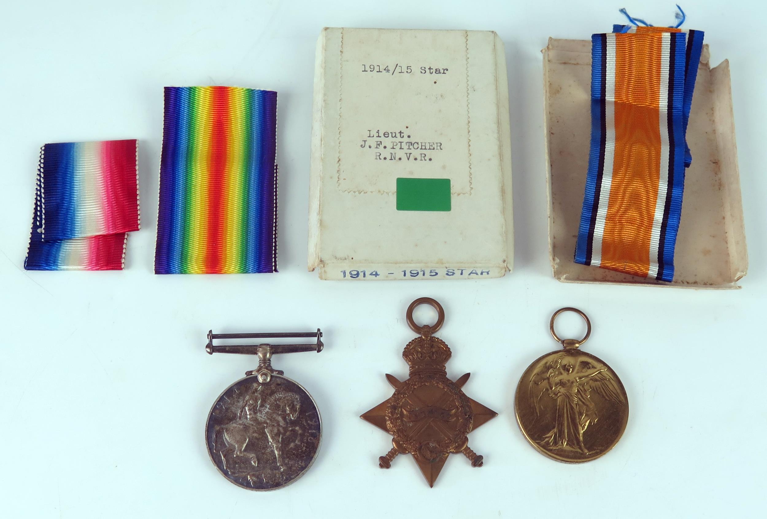 A World War One trio to Lieut. J.F. Pitcher. R.N.V.R. includes 1914-15 Star, War and Victory Medals,