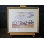 A signed watercolour depicting a Victorian day out at the beach, 37 x 27cm, F & G