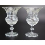 A pair of crystal glass drinking glass of thistle-shaped outline, with etched thistle decoration, (