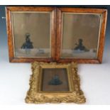 A pair of early Victorian silhouettes depicting a young girl with pull-along carpet toy, the other