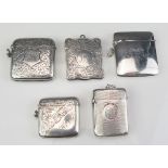 A collection of five assorted silver vesta cases, various makers and dates, all initialled, total
