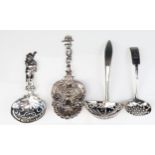 Three continental silver sifting spoons and one English silver sifting spoon, various ages, total