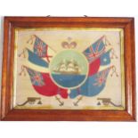 19th century sailor's wool work picture, with central cartouche depicting a three-masted man of