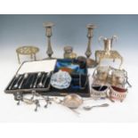 A collection of assorted silver plated wares, brass trivets, studio Cellini enamel dish etc.