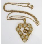 An Iranian 18ct Gold and untested Seed Pearl Pendant (43mm drop, 7g) on an unmarked 19" (48cm, 4.7g)