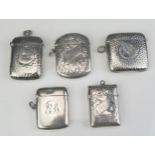 A collection of five assorted silver vesta cases, all initialled, various makers and dates, total