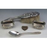 A mixed collection of silverwares, various makers and dates, includes a pair of salts, a money