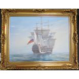 Two reproduction oils on canvas of sailing ships in gilt frames, 59 x 45cm and 17 x 12cm