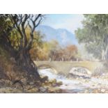 Michael Albertyn b.1938, South African Artist, River scene with Mountains, Signed, oil on board,