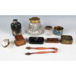 A 19th century papier mache snuff box, a cloisonnÃ© napkin ring, a hip flask and other collectables.