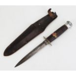 A fighting knife by William Rodgers, with 15cm double edged blade, leather bound grip, contained