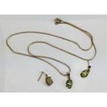 A 9ct Gold and Peridot Pendant (c. 15mm drop) on a 16.5" (42cm) snake link chain and a pair of