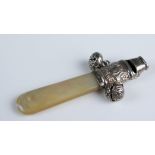 A late Victorian/Edwardian child's silver rattle, all marks worn, with whistle two bells and