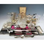 A quantity of assorted plated and glass wares, includes three-piece tea service, butter dish, hot