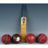 A miniature Gunn & Moore cricket bat, bearing various assorted signatures, together with four