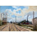 Victorian School, a railway siding with locomotives, signal cabin and engine shed, watercolour,