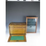 A small mahogany glazed wall display case, 32cm wide, 48cm high, together with an oak collector's