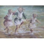 An unsigned oil on board study of three young girls playing on the shoreline, 39 x 29cm, F & G