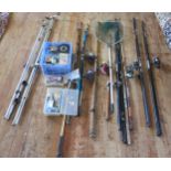 A collection of assorted sea rods and reels, including boat rods and beach rods, includes four fixed
