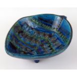 An Aldo Londi Bitossi pottery leaf dish, with impressed geometric decoration, with blue/green glaze,