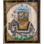 An Indian painting on pith paper depicting a ceremonial elephant surmounted with a howdah,