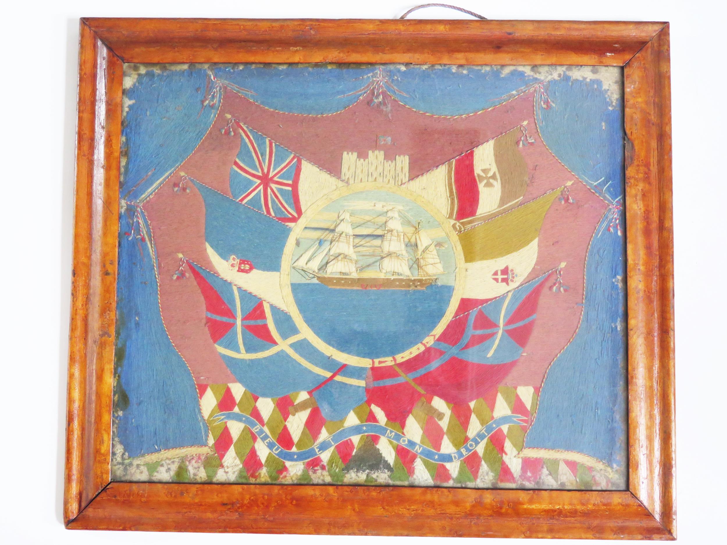 A 19th century sailors wool work picture, the central cartouche with three-masted ship enclosed by - Image 2 of 2