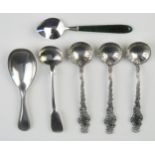 Three Sterling silver coffee spoons, a plated caddy spoon, and two salt spoons