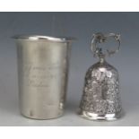 A Dutch silver beaker, of plain cylindrical form, stamped marks, inscribed, 7.5cm high, together