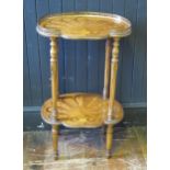 A walnut and marquetry two tier whatnot, the shaped galleried top with husk, scroll and acanthus