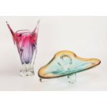 After a design by Josef Hospodke, an art glass cats head ear vase, in mauve and purple, 38cm high