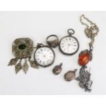 A Silver Cased Ladies Fob Watch, one other (both need attention), antique silver locket and other