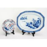 A Chinese blue and white dish of rectangular lozenge design decorated with riverside scene 32cm
