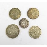 A Victorian Silver Half Crown 1899, Shilling 1887, and three George V Florins 1919, 1931 & 1933,