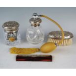 A QEII Silver Mounted Cut Crystal Atomiser, dressing table toiletry pot, brush and comb