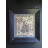 A Antique Irish Needlework Panel, depicting a Crowned Female Figure Playing a Harp.