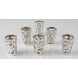 A set of six Mexican clear glass and silver mounted tots, stamped marks, of cylindrical tapering
