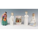 A Doulton figure, HN2070 Bridget, three Lladro figures and a 19th century lustre ware mug 'The