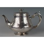 A Victorian silver teapot, maker Robert W Smith, Dublin, 1849, inscribed, of squat ovoid form,