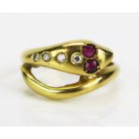 An 18ct Gold, Ruby and Diamond Snake Ring, import marks, c. 2.5mm rubies and largest diamond c. 1.