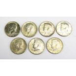 Seven U.S.A. Half Dollars, .400 silver _ 1964, 3x 1965, 2 x 1967 and 1969, 80.9g