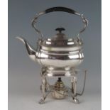 A George V silver barge-shaped tea kettle, stand and plated burner, maker Heming & Co Ltd, London,