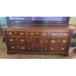 An Eighteenth Century Oak Low Dresser with crossbanded drawers, 191(w)x85(h)x55.5(d)cm