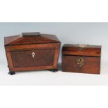 A Victorian walnut and brass mounted tea caddy, the domed hinged lid enclosing two lidded