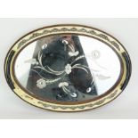 An Art Deco period oval mahogany, faux mother-of-pearl and silver mounted serving tray, with