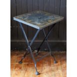 A metal folding occasional table decorated in the chinoiserie taste, 40cm wide.