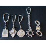 Five Silver Keyrings, some hallmarked, 72.4g gross