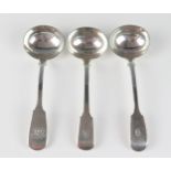 Three assorted silver fiddle pattern sauce ladles, various makers and dates, all initialled, 216gms,