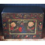 A rectangular wood chest painted in the chinoiserie style with exotic birds and figures, with hinged
