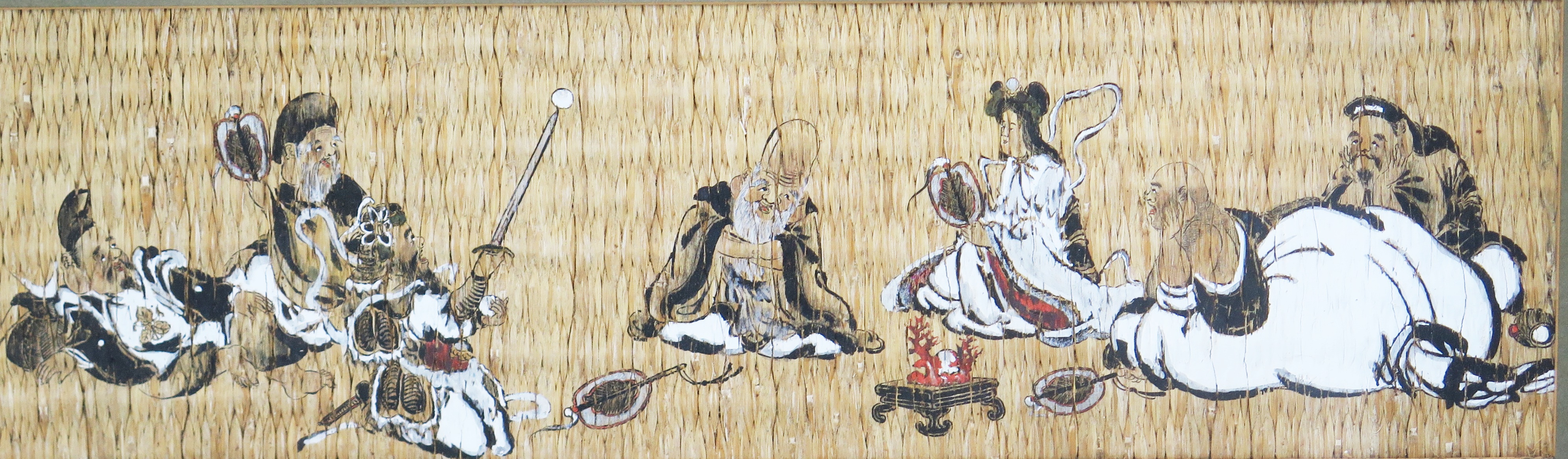 A Chinese painting on woven matting depicting seven seated immortals, 16x 56cm F & G. - Image 2 of 5