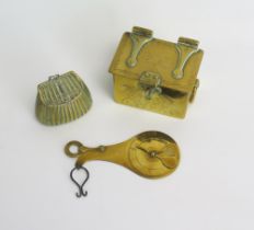 A brass vesta case in the form of a miniature fishing creel, 6cm wide, a continental brass casket,